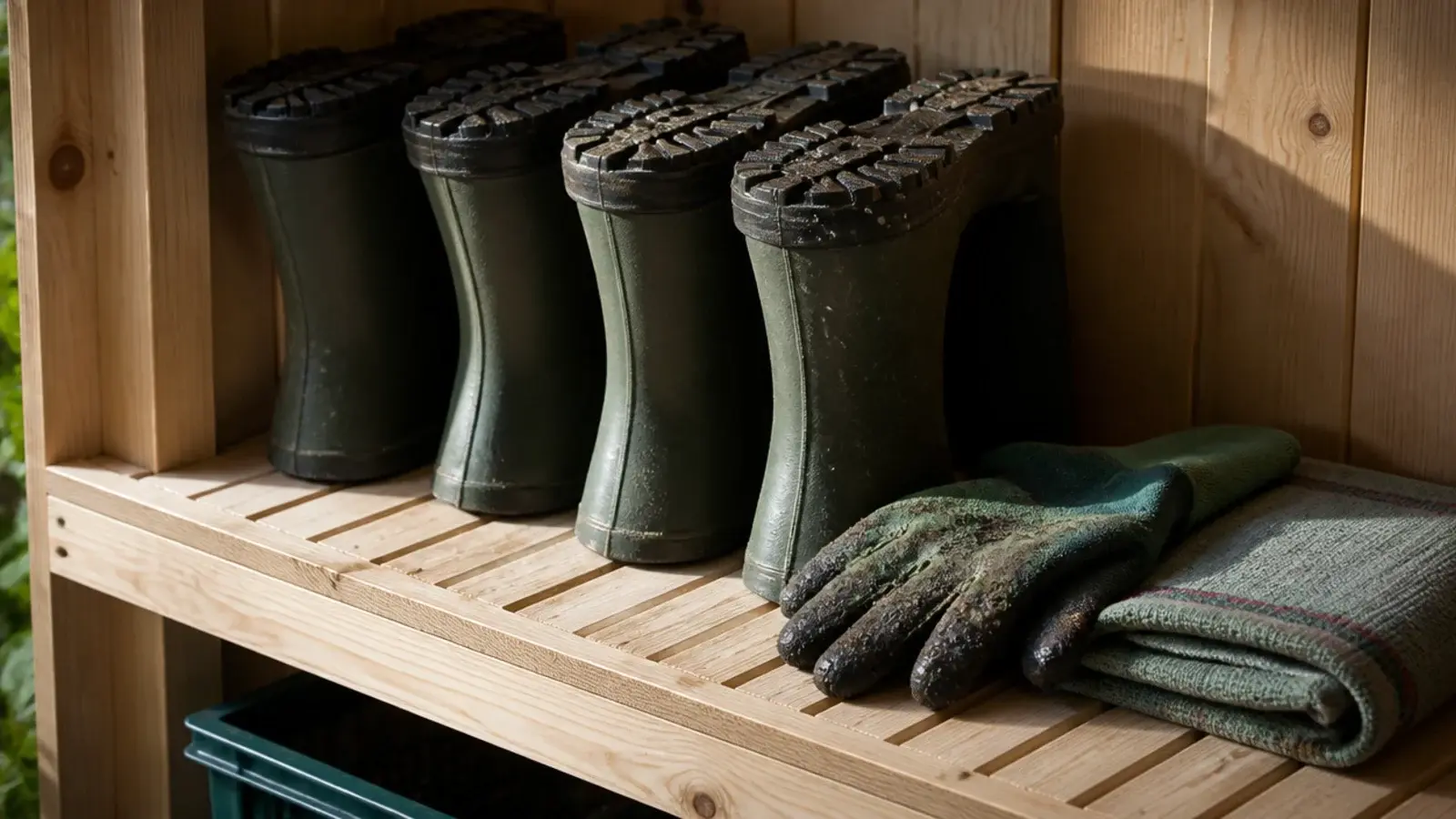 slatted timber shelf drying boots gloves and folded damp cloths