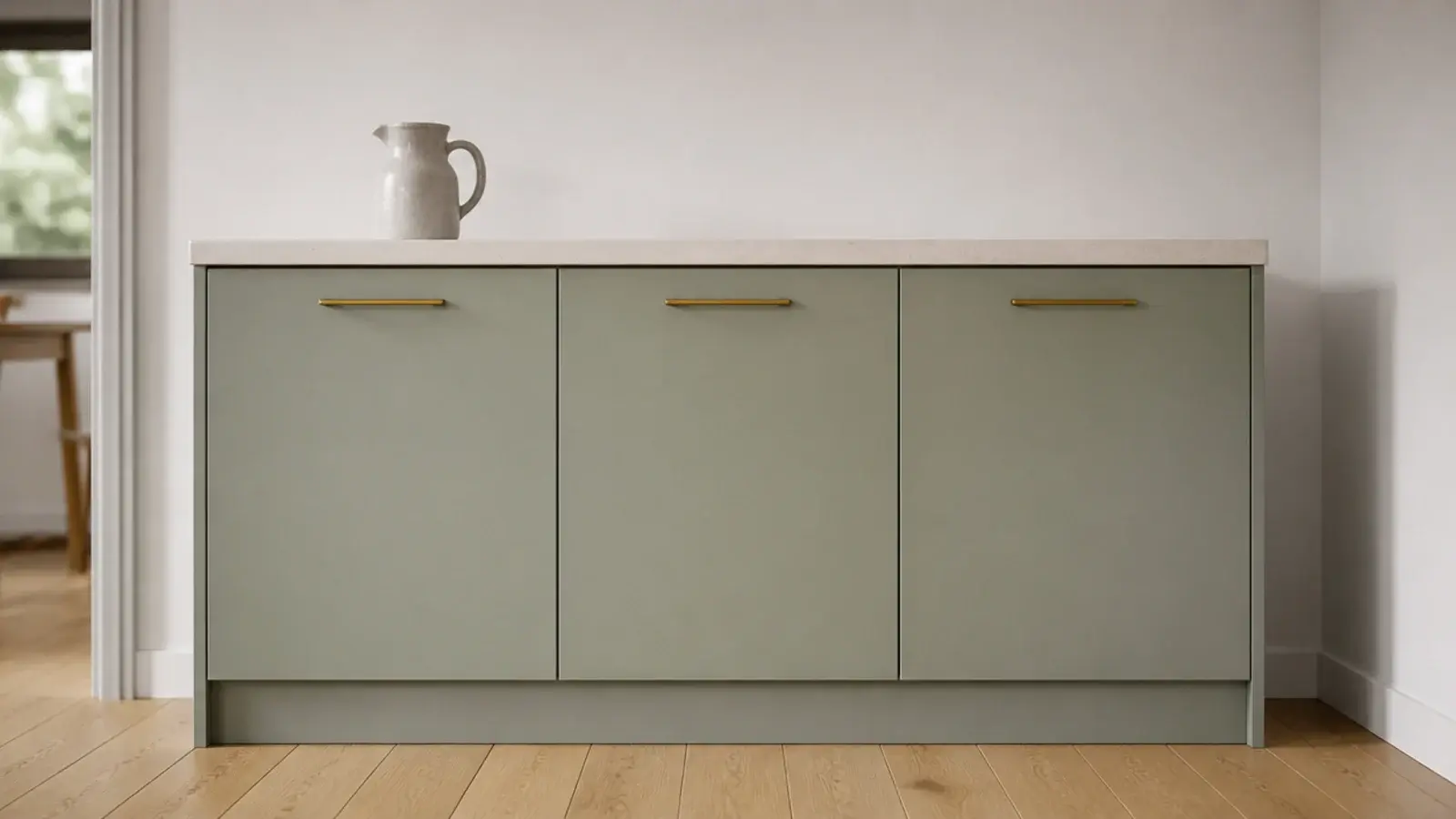 three base cabinets under a laminate worktop with everything hidden away
