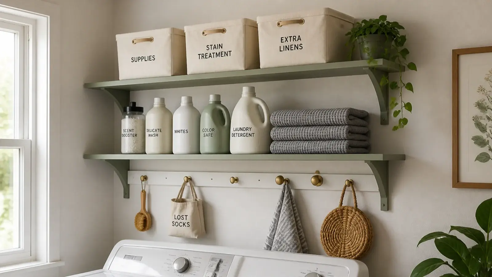 utility room storage shelves stacked with labelled bins above a washing machine
