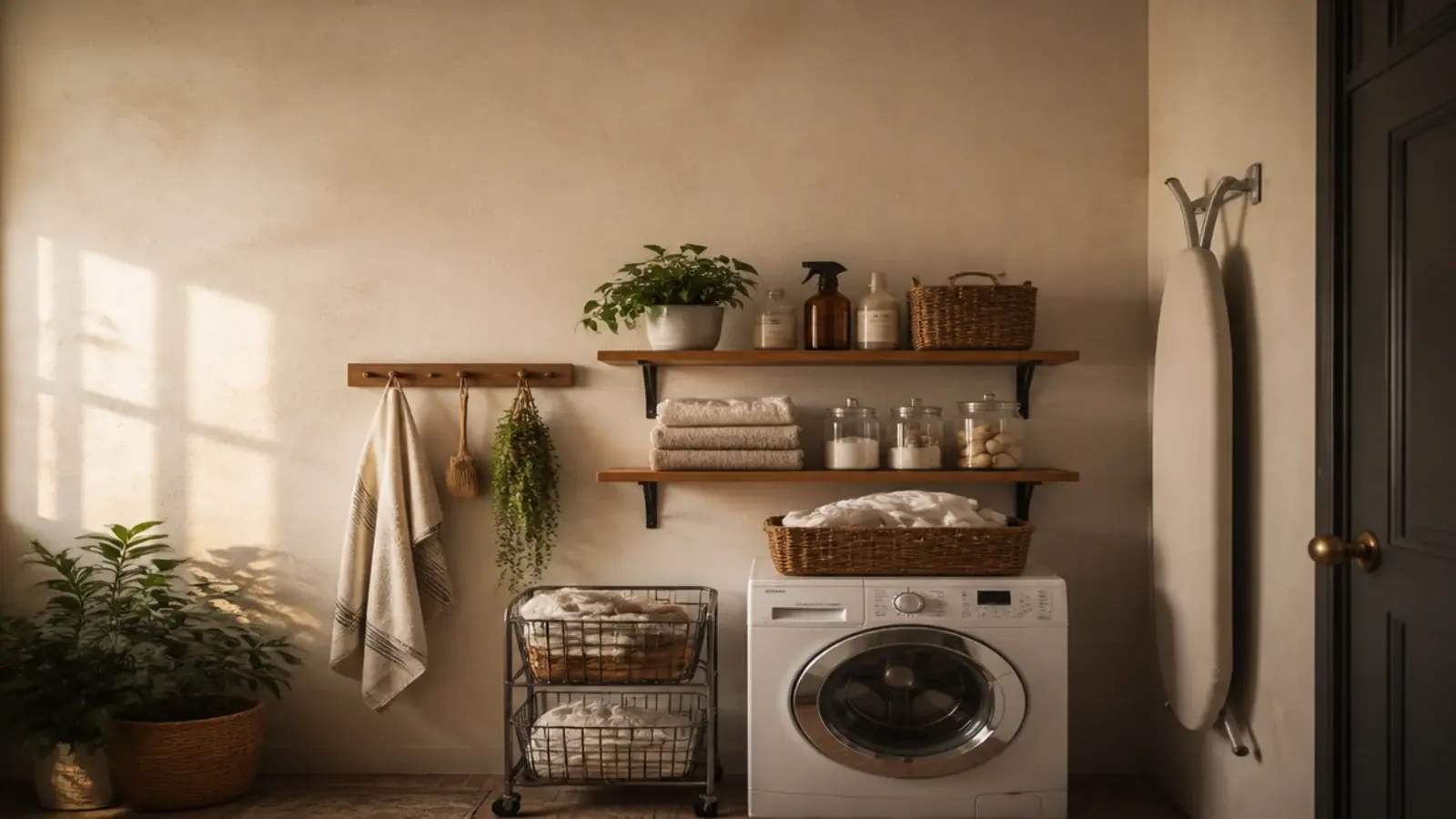 tall view of budget utility room storage with rails shelves and bins