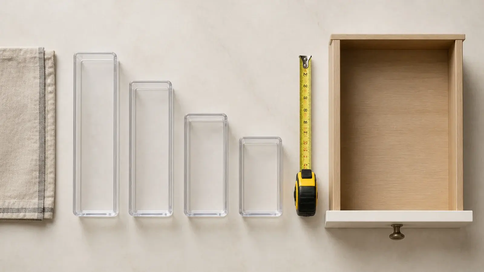 clear acrylic inserts laid out beside a tape measure and open vanity drawer