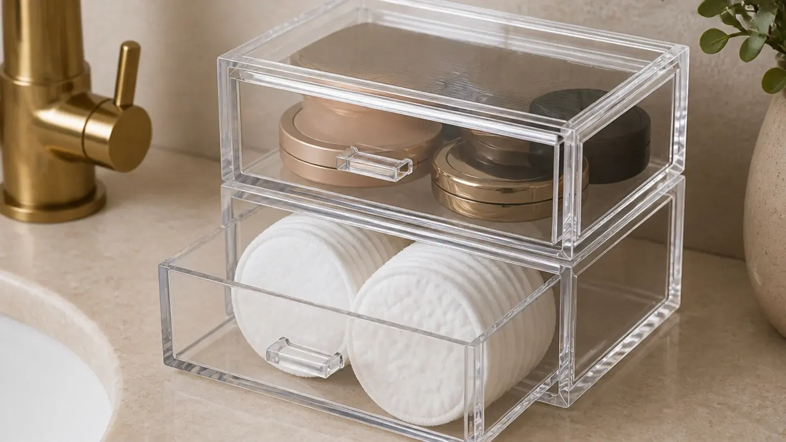 two stacked clear acrylic drawer units holding compacts and cotton rounds