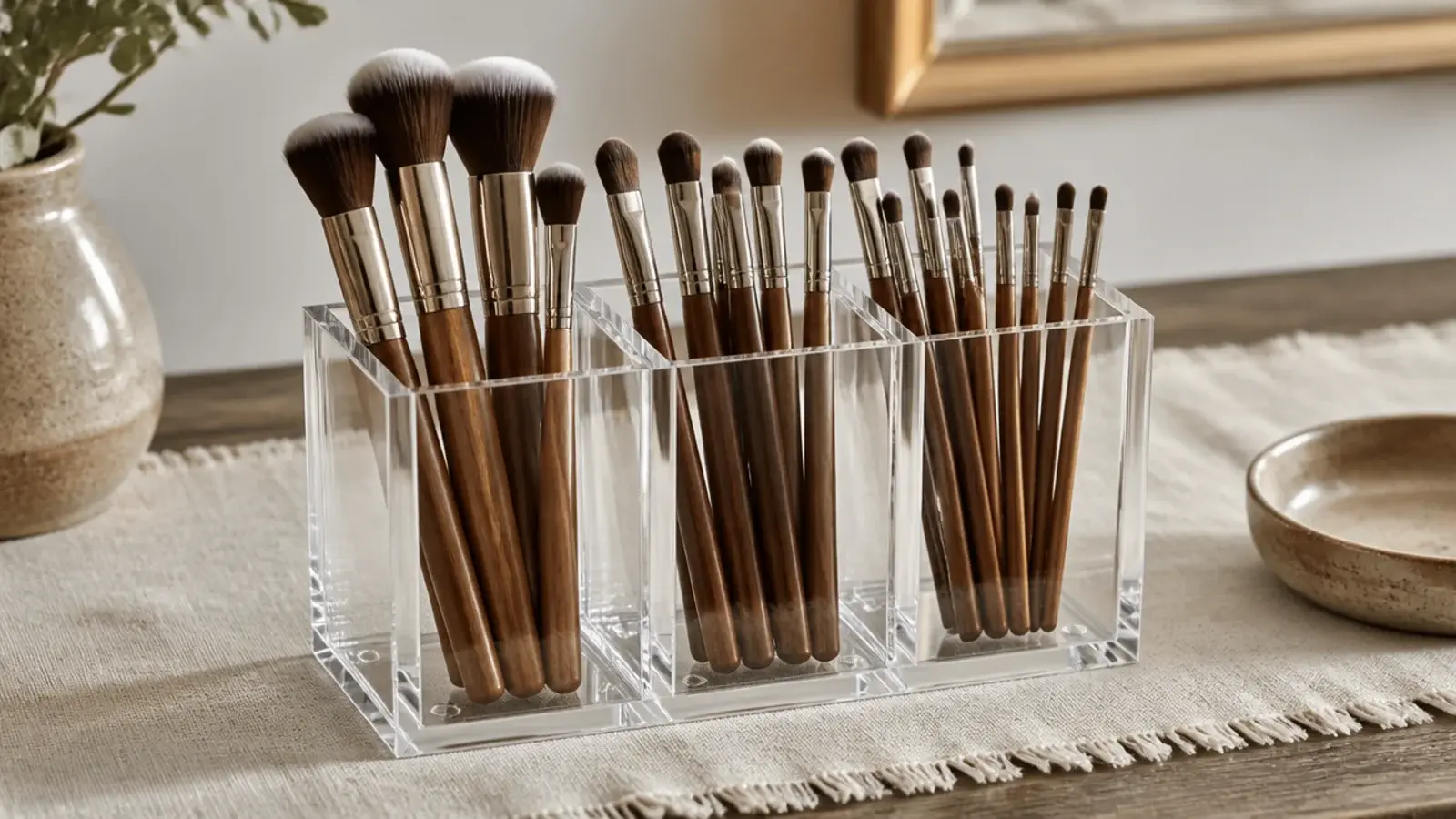 divided acrylic brush holder with brushes standing bristles up in sections