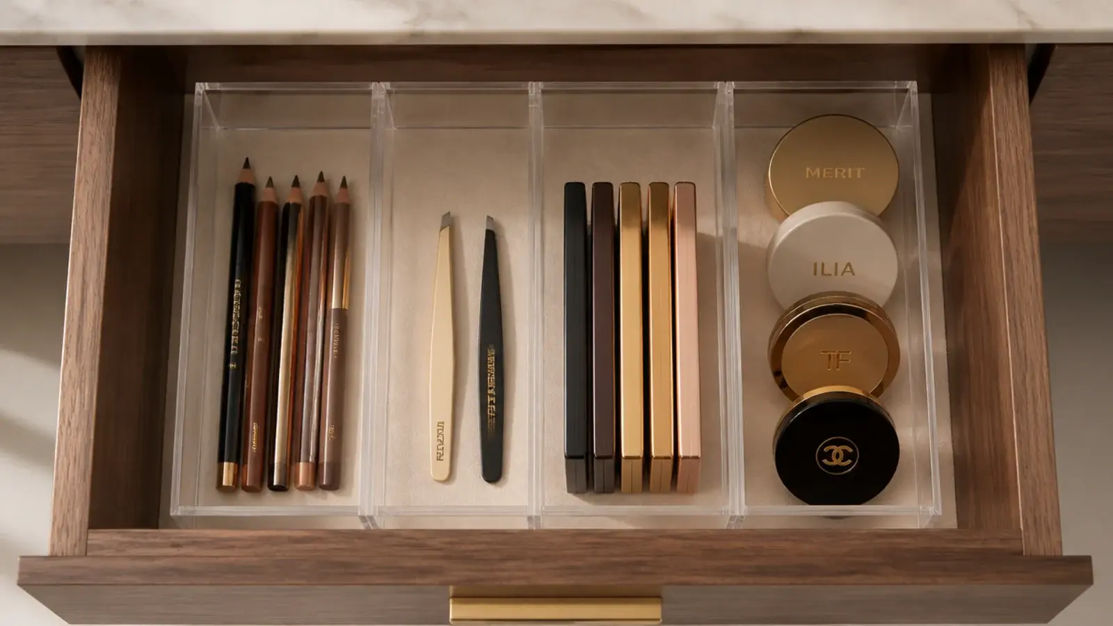 clear acrylic dividers fitted across a vanity drawer holding pencils and tools