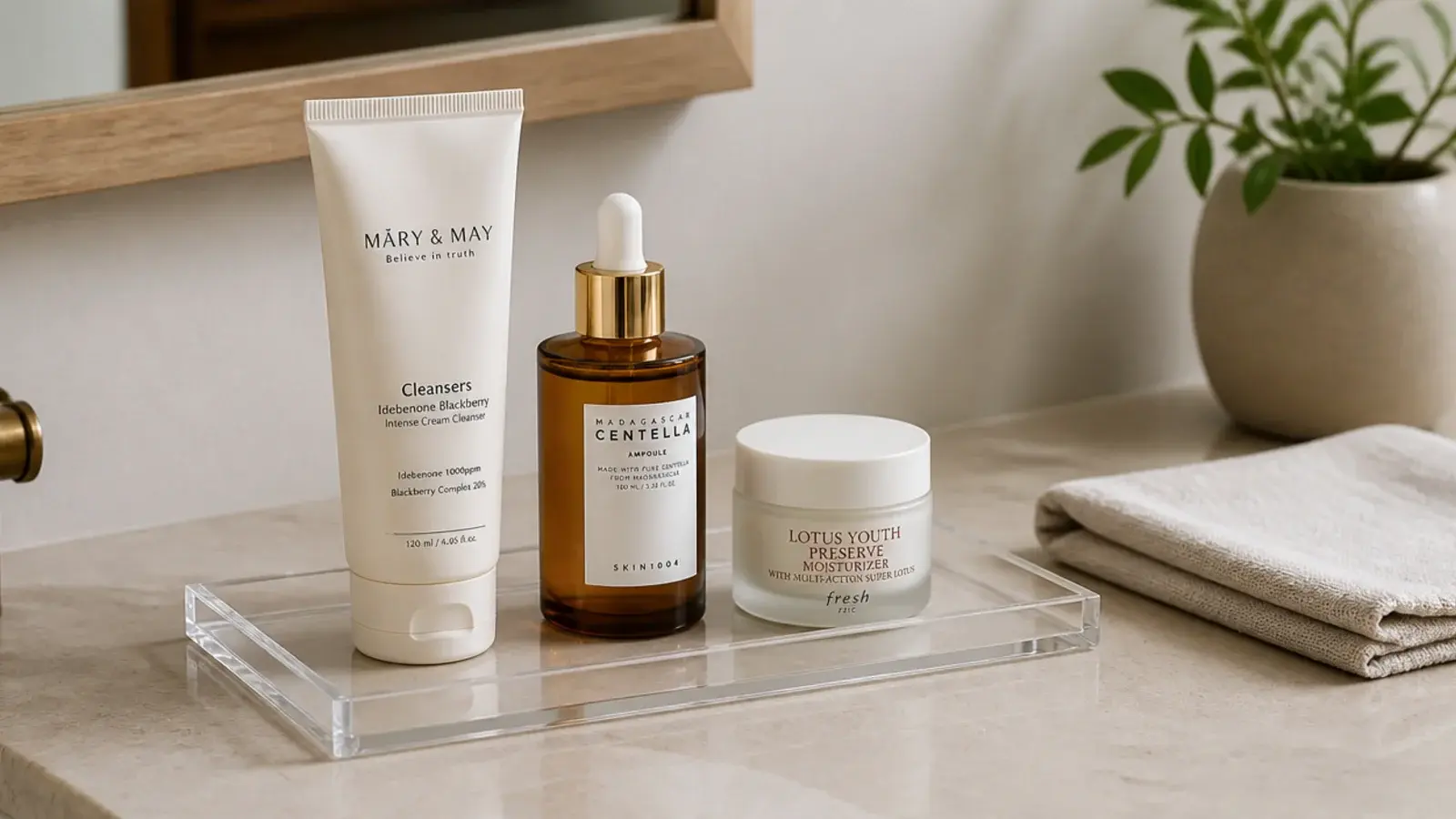 clear acrylic tray with a raised lip holding daily skincare in routine order