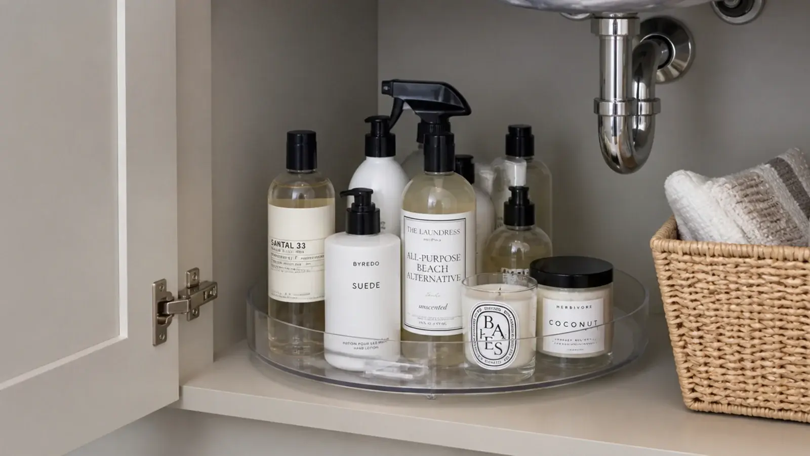 clear acrylic turntable inside a cabinet holding bottles facing outward