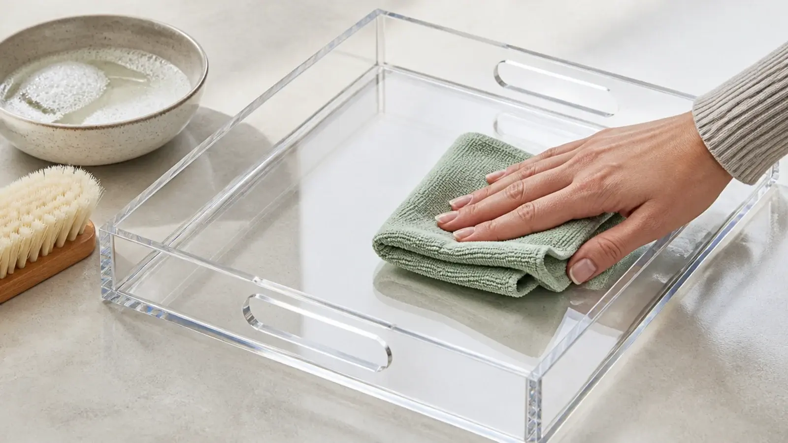 microfiber cloth wiping a clear acrylic tray with soapy water beside it