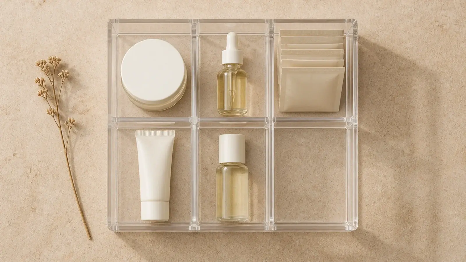 acrylic organizer with one compartment left empty for new products