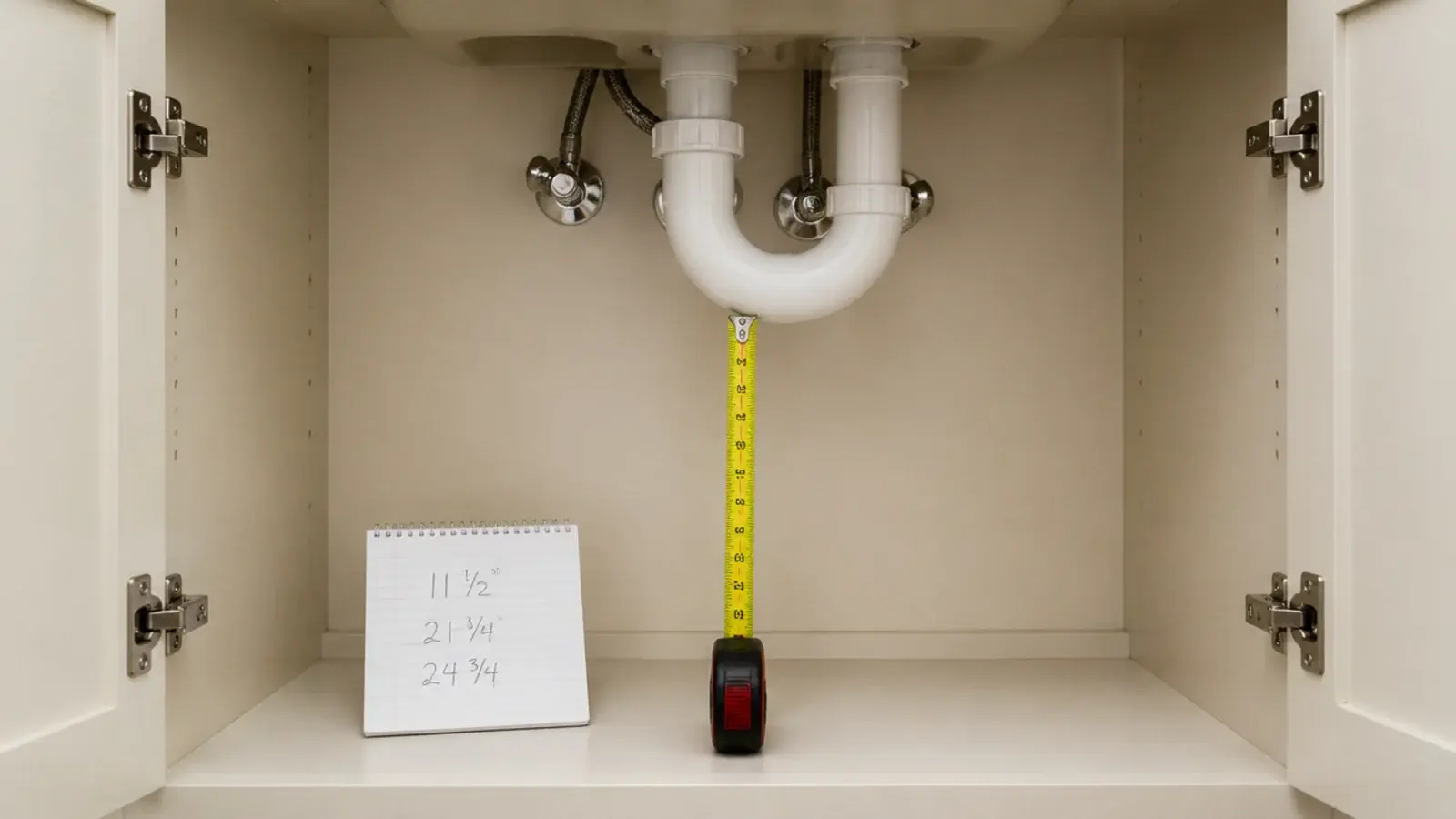 under sink cabinet measured around the plumbing before buying bins