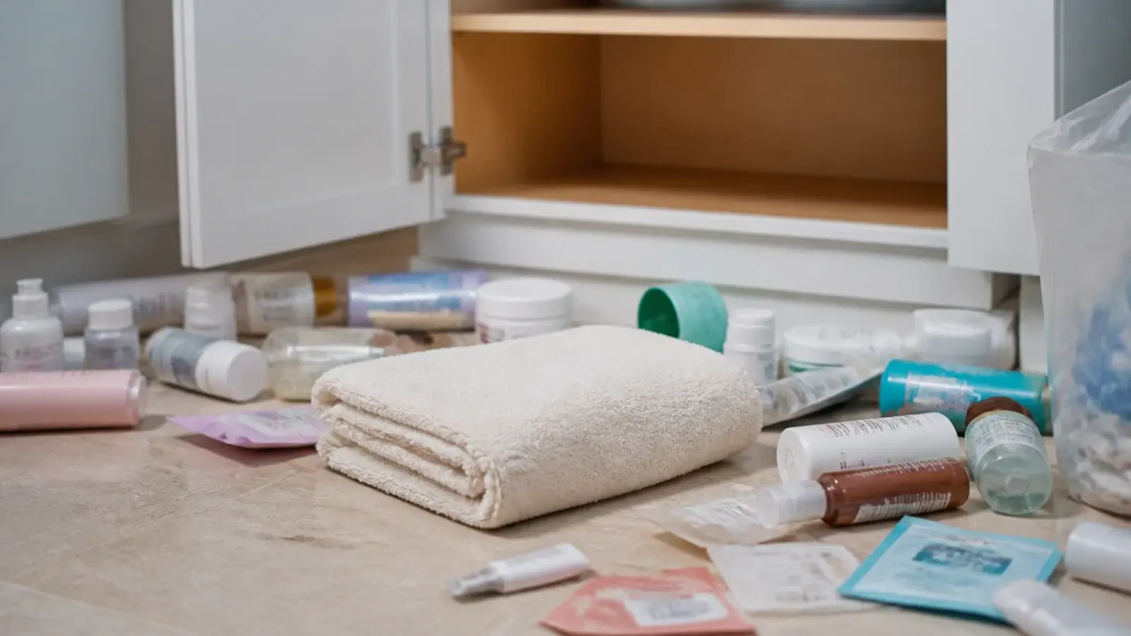 bathroom products emptied onto a towel for a vanity organization cull