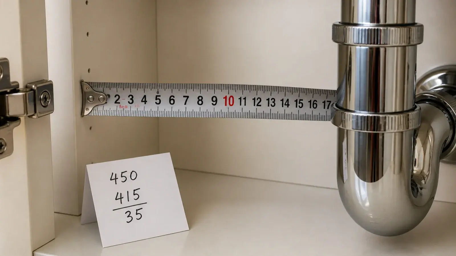tape measure showing clear width beside a curved under sink pipe