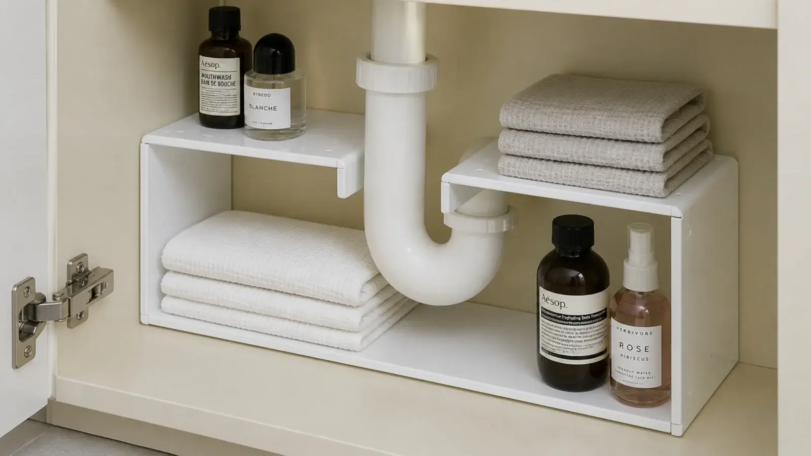 u shaped shelf straddling the drain pipe under a bathroom vanity