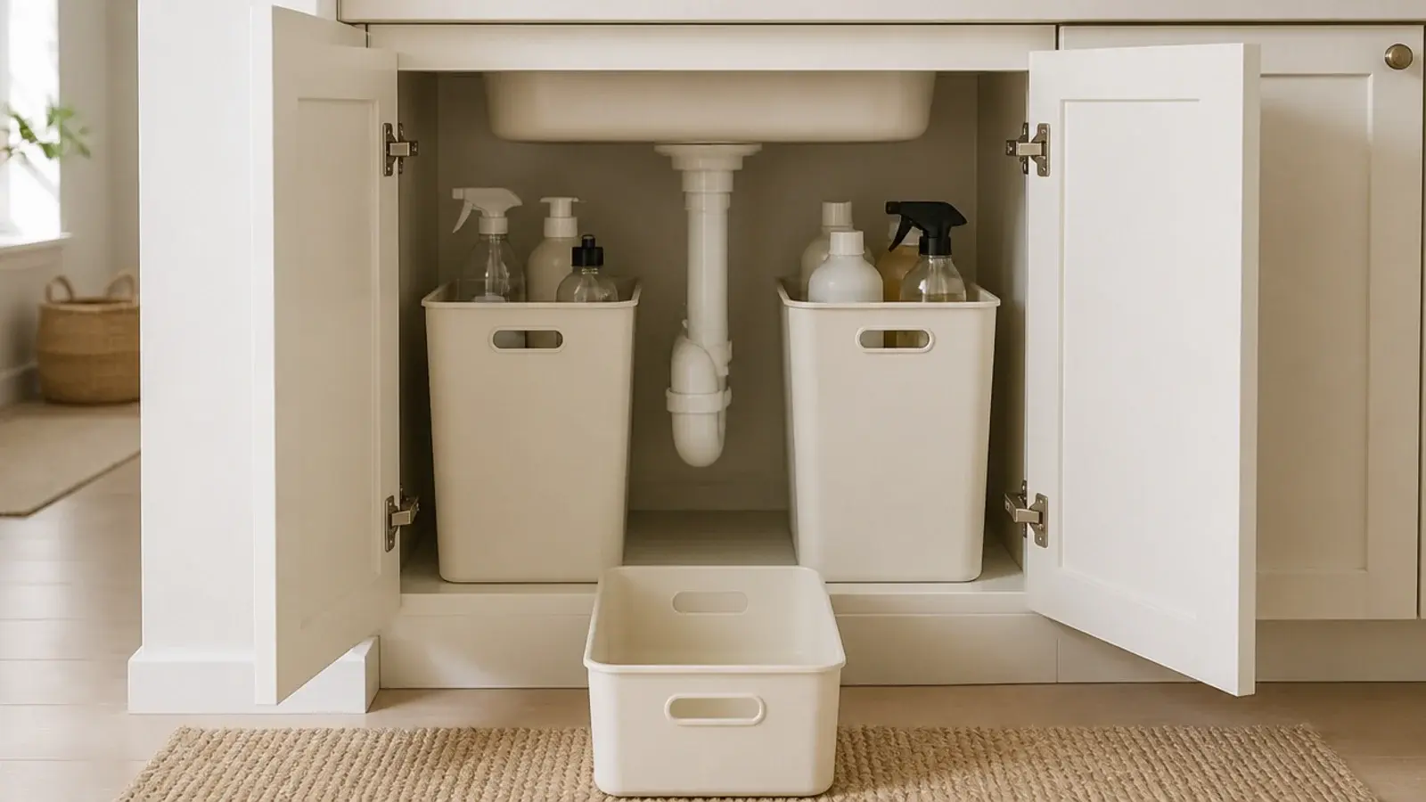 two narrow bins placed either side of the under sink plumbing