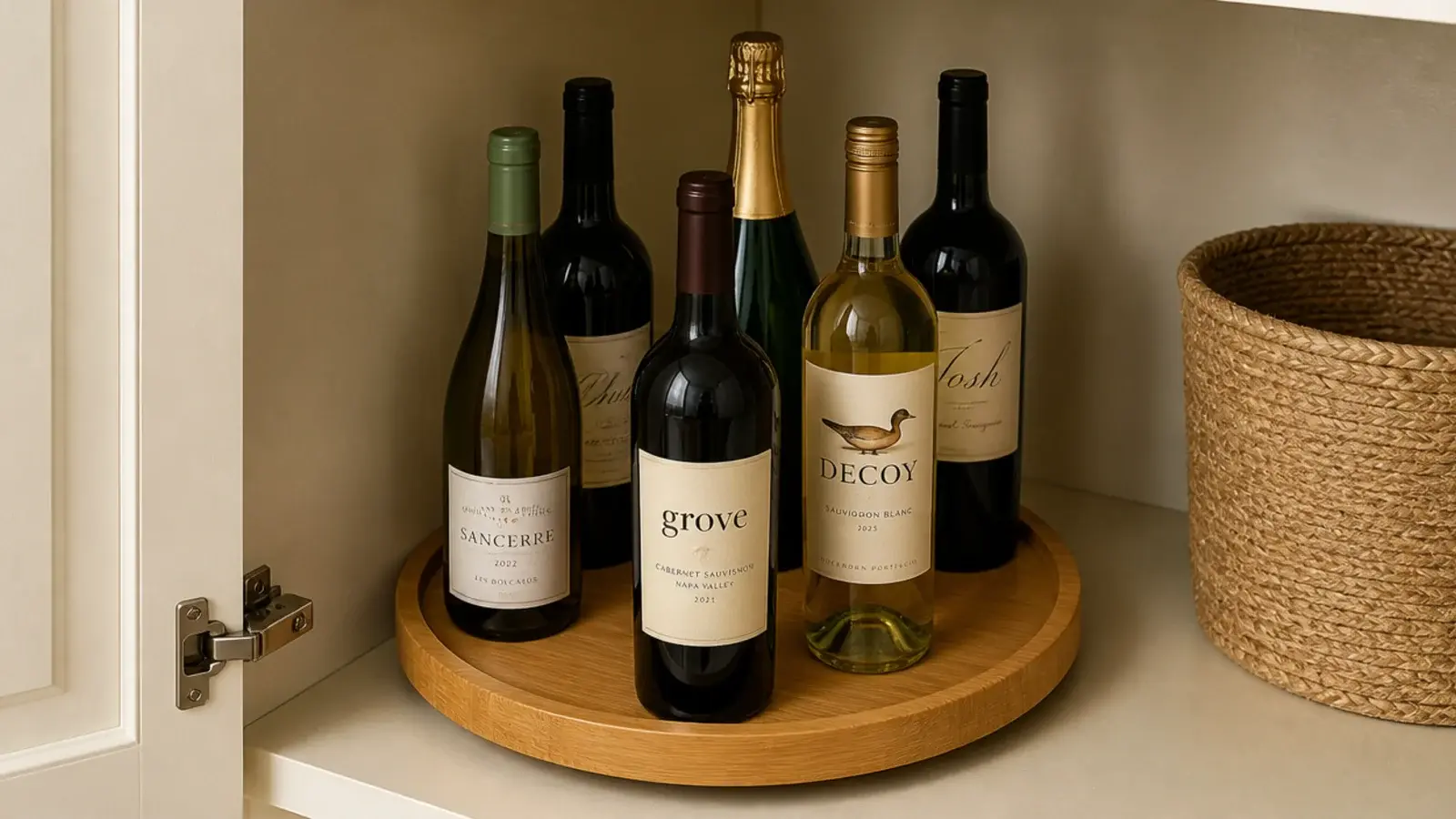 turntable holding bottles in the corner of a vanity cabinet