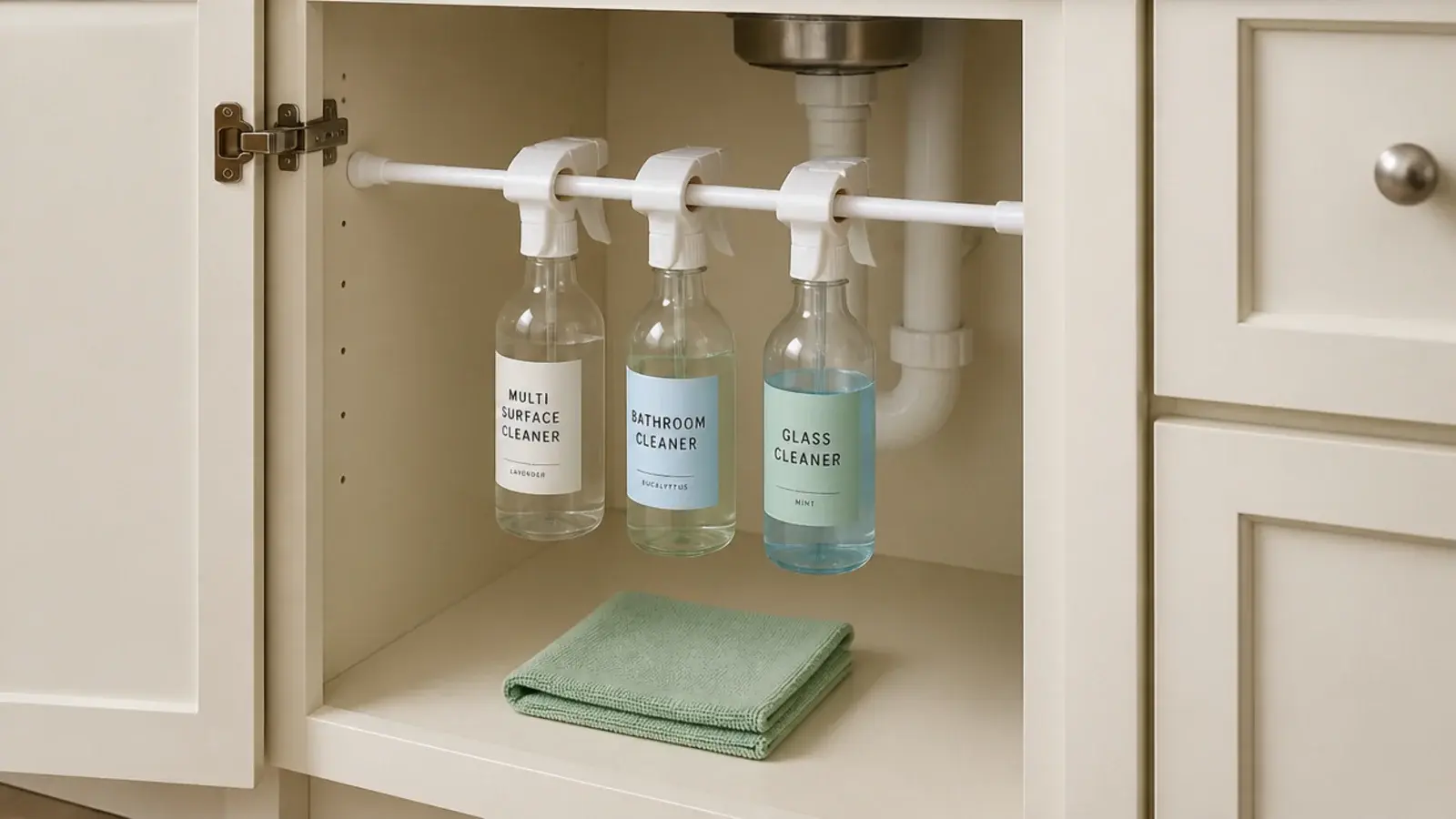 spray bottles hanging from a tension rod inside a vanity cabinet