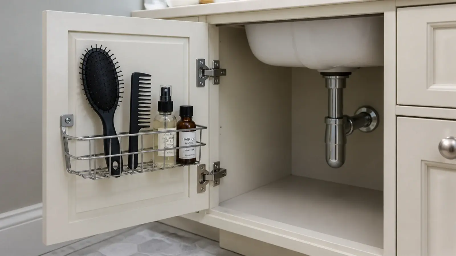 shallow caddy fixed to the back of a bathroom vanity door