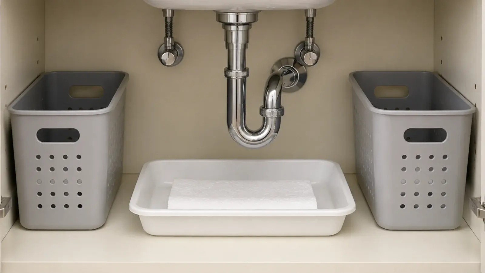 shallow drip tray placed beneath the trap inside a vanity cabinet