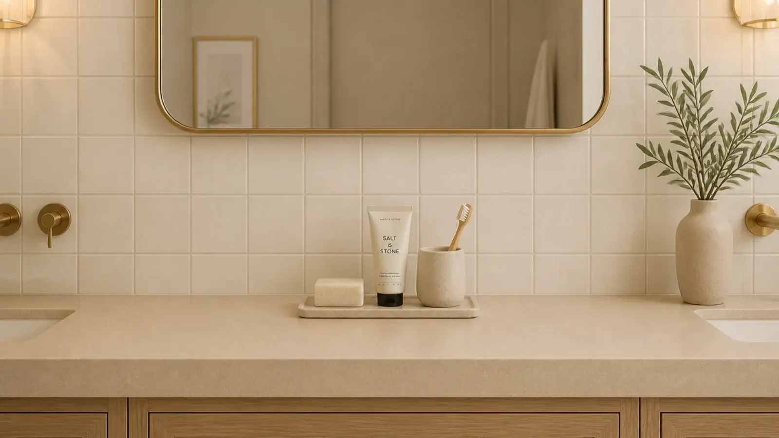bathroom vanity countertop holding only daily products on a tray