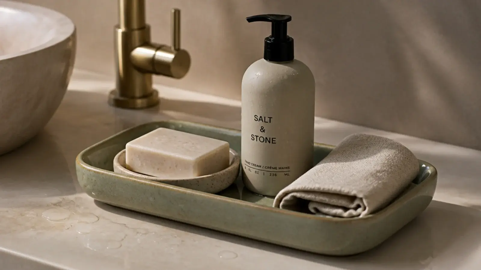 stoneware tray grouping soap and hand cream beside a bathroom sink