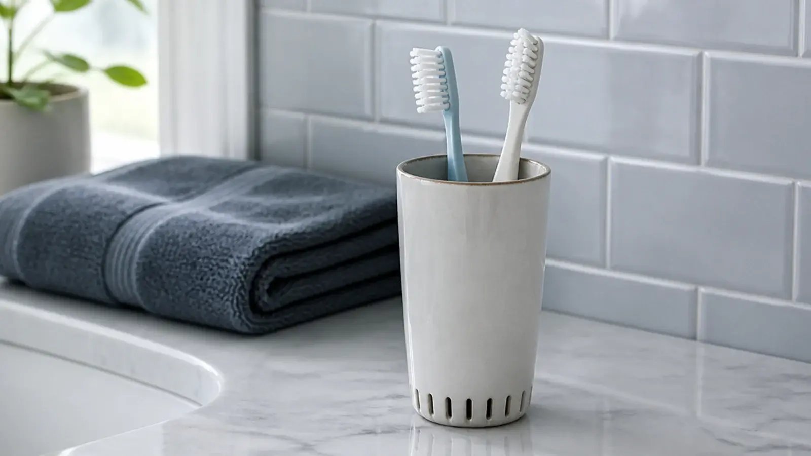 toothbrushes standing upright in a ventilated cup near a sink