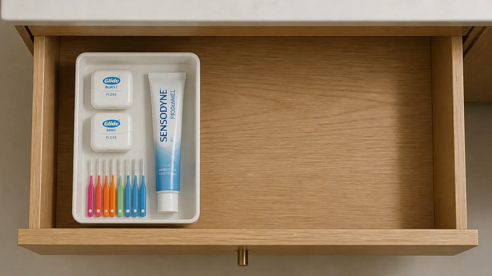 floss and toothpaste collected in one shallow bathroom drawer bin