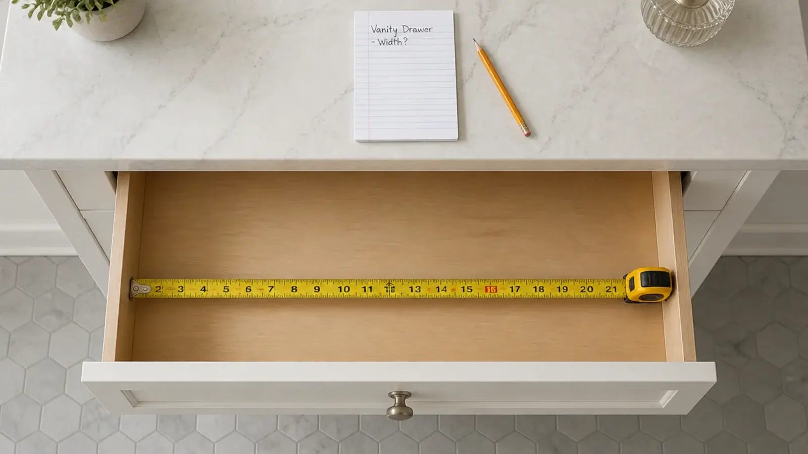 tape measure inside an empty bathroom vanity drawer before buying inserts