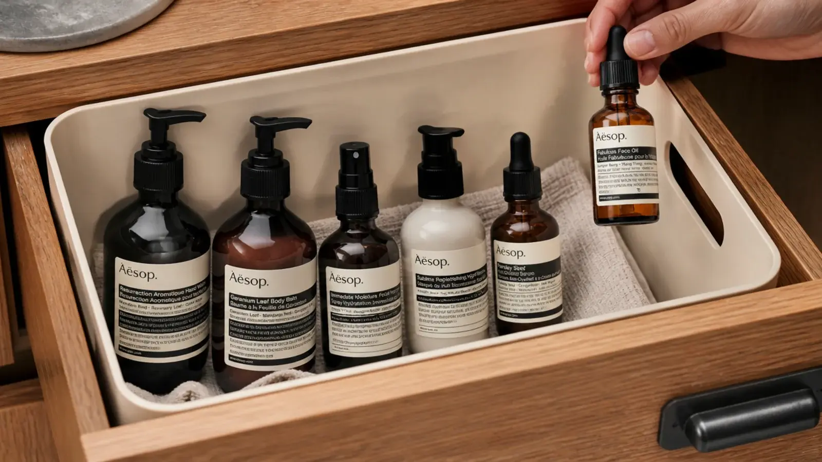 pump bottles standing upright in a deep bathroom vanity bin