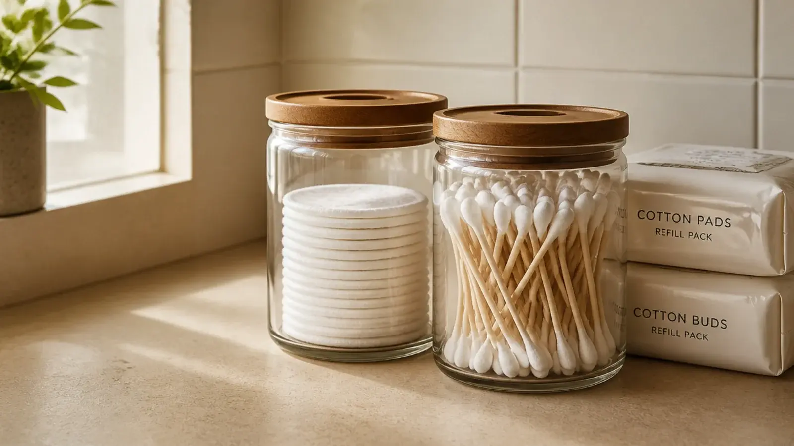 cotton pads and buds decanted into lidded glass jars on a vanity