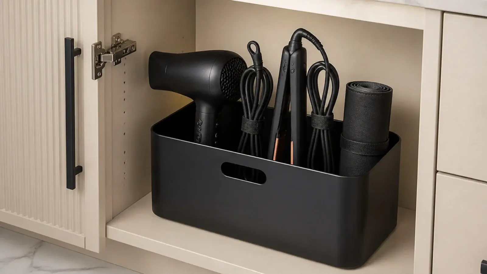 hair dryer and straightener stored upright in a metal cabinet bin