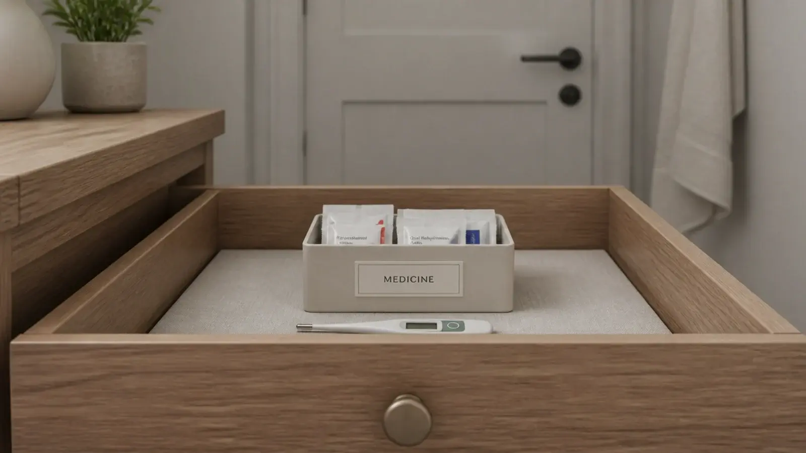 medicine boxes moved from a steamy bathroom to a bedroom drawer