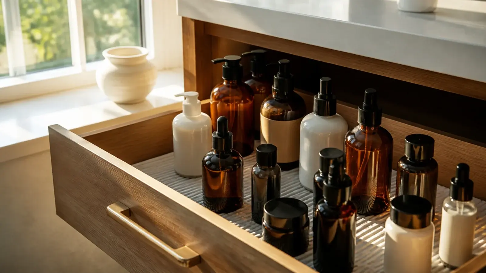 active skincare bottles moved from a sunny sill into a shaded drawer