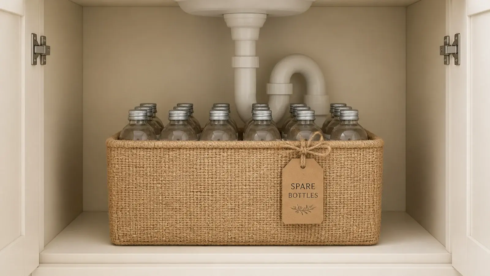 labelled basket of spare bathroom products under a vanity sink