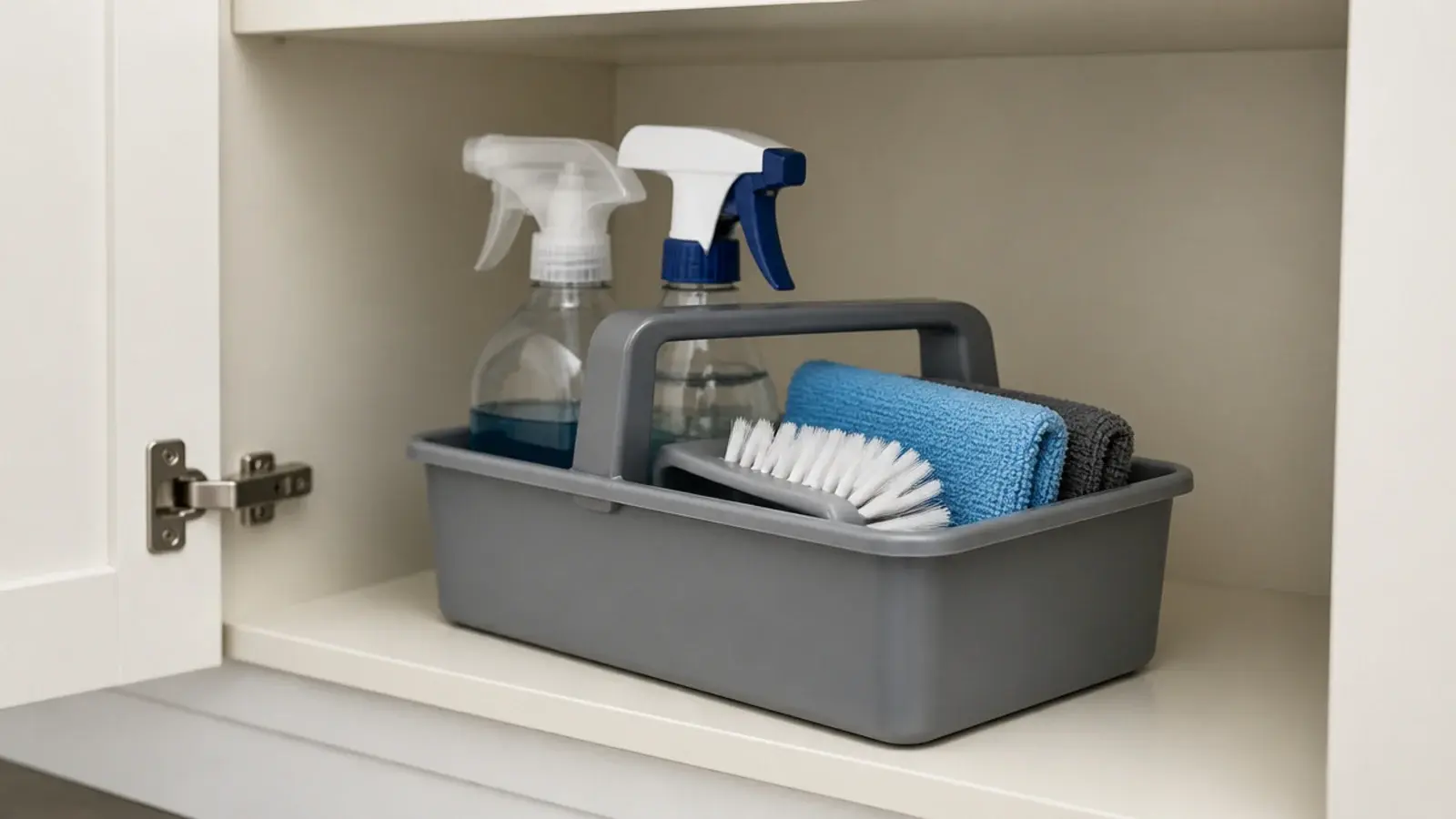 small cleaning caddy holding bathroom sprays and cloths under a sink