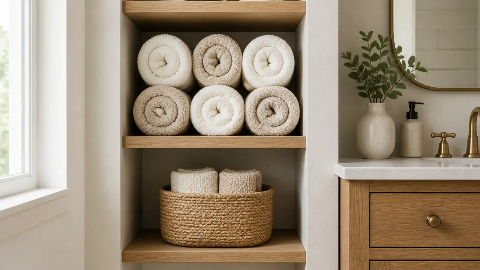 rolled bath towels stacked on a shallow shelf beside a vanity