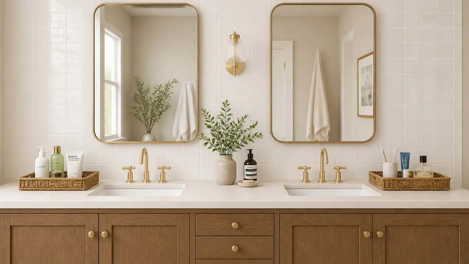 two labelled trays splitting a shared bathroom vanity between people