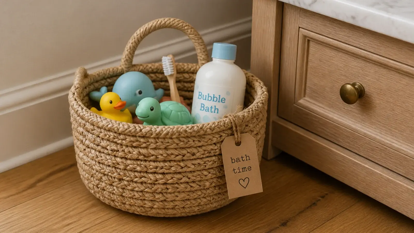 low basket of children bath products beside a bathroom vanity