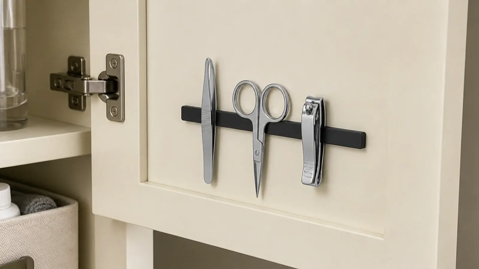 tweezers and clippers held on a magnetic strip inside a cabinet door