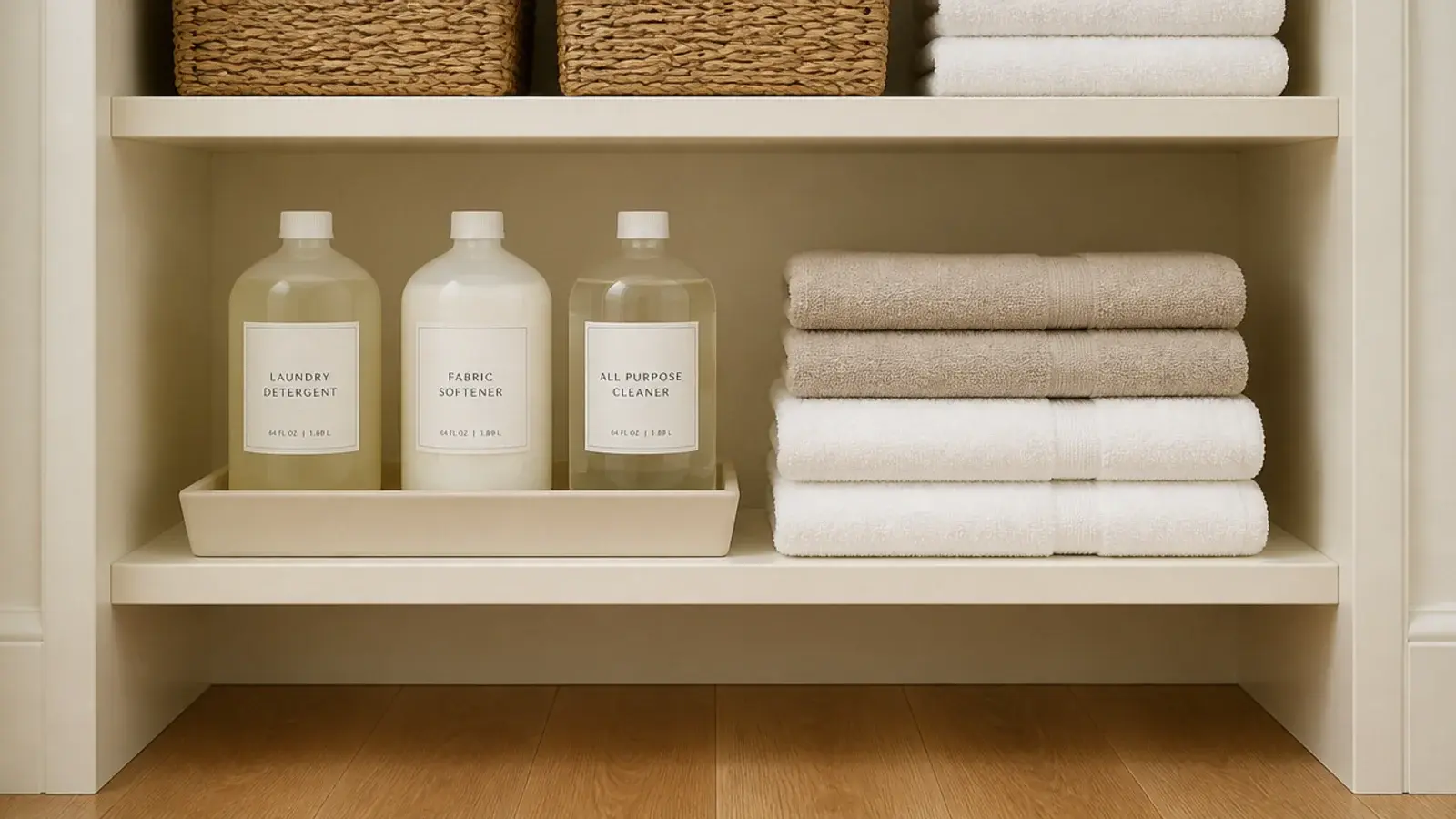 large refill bottles stored on a linen closet shelf away from the vanity