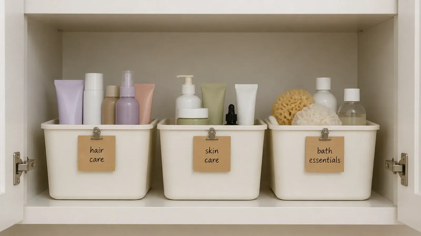 labelled bins inside a bathroom vanity cabinet holding sorted supplies