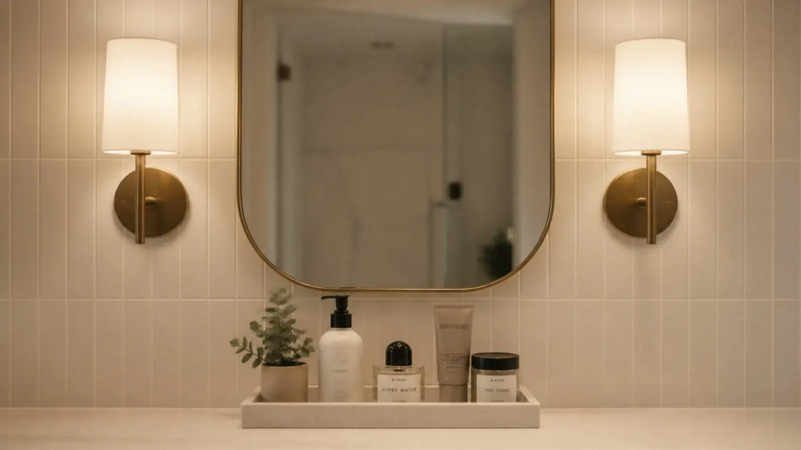 warm sconces lighting a bathroom vanity mirror from both sides