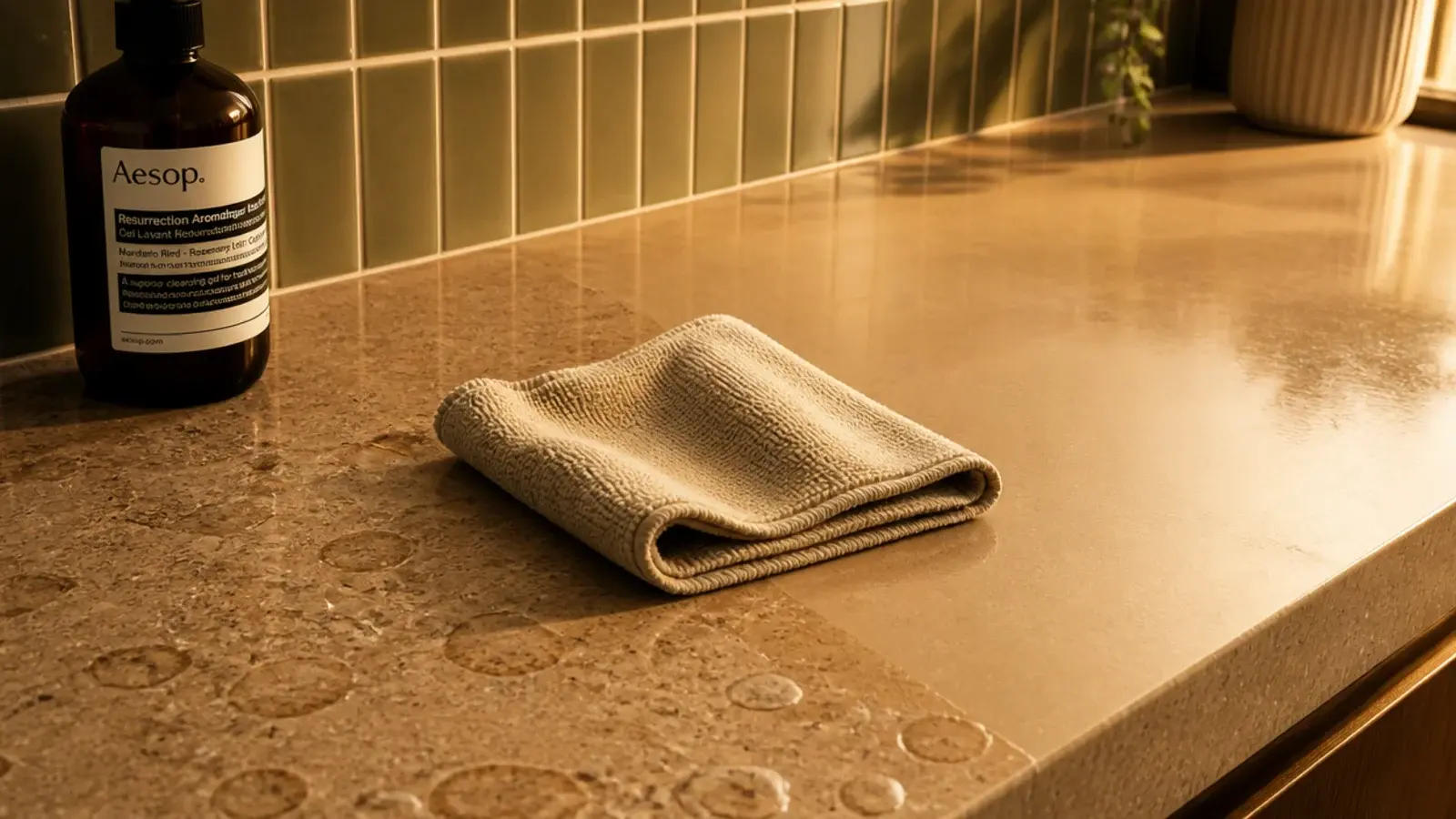 cloth wiping a bathroom vanity counter clear at the end of the day