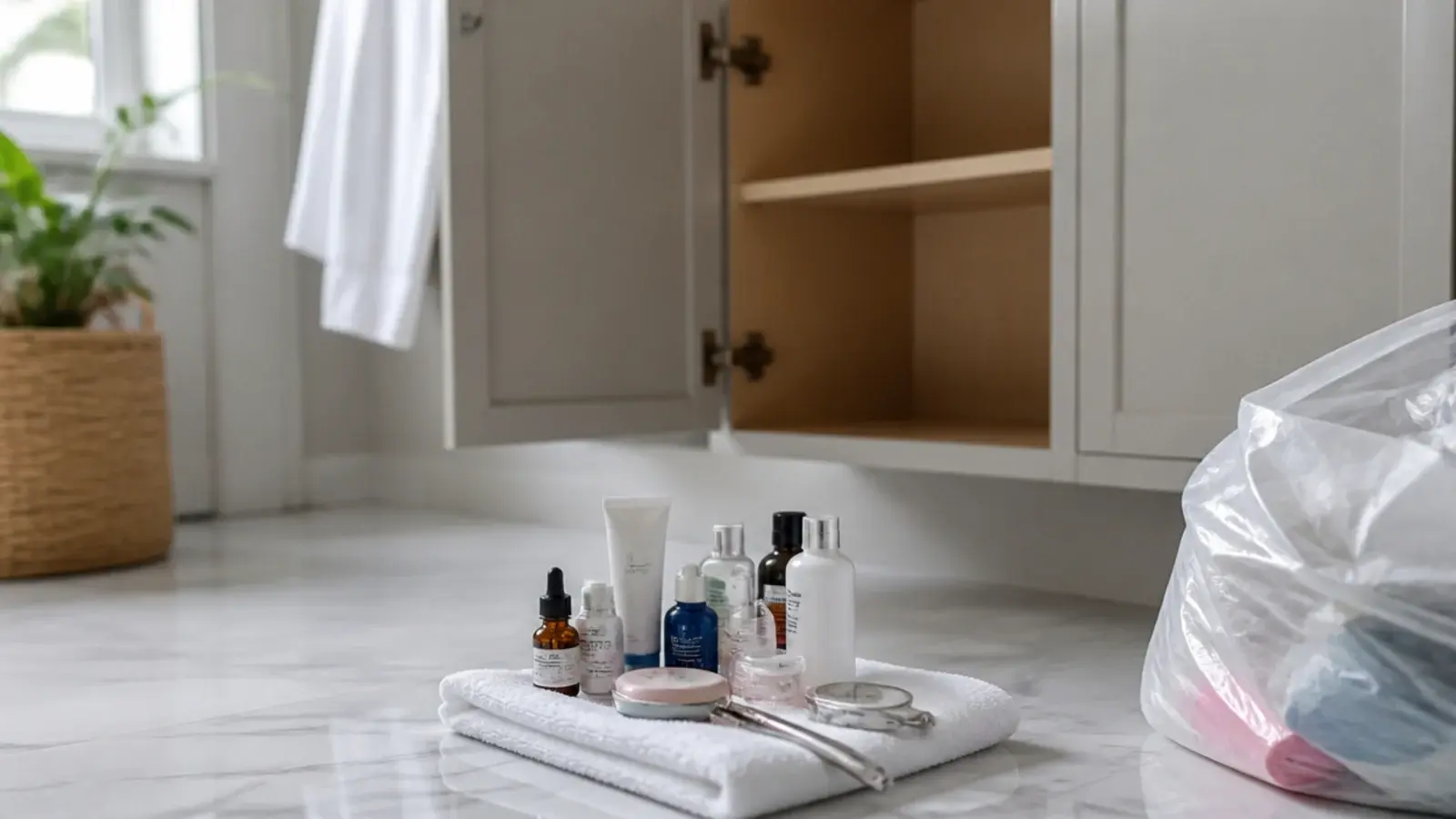 bathroom vanity contents sorted on a towel during a twice yearly cull