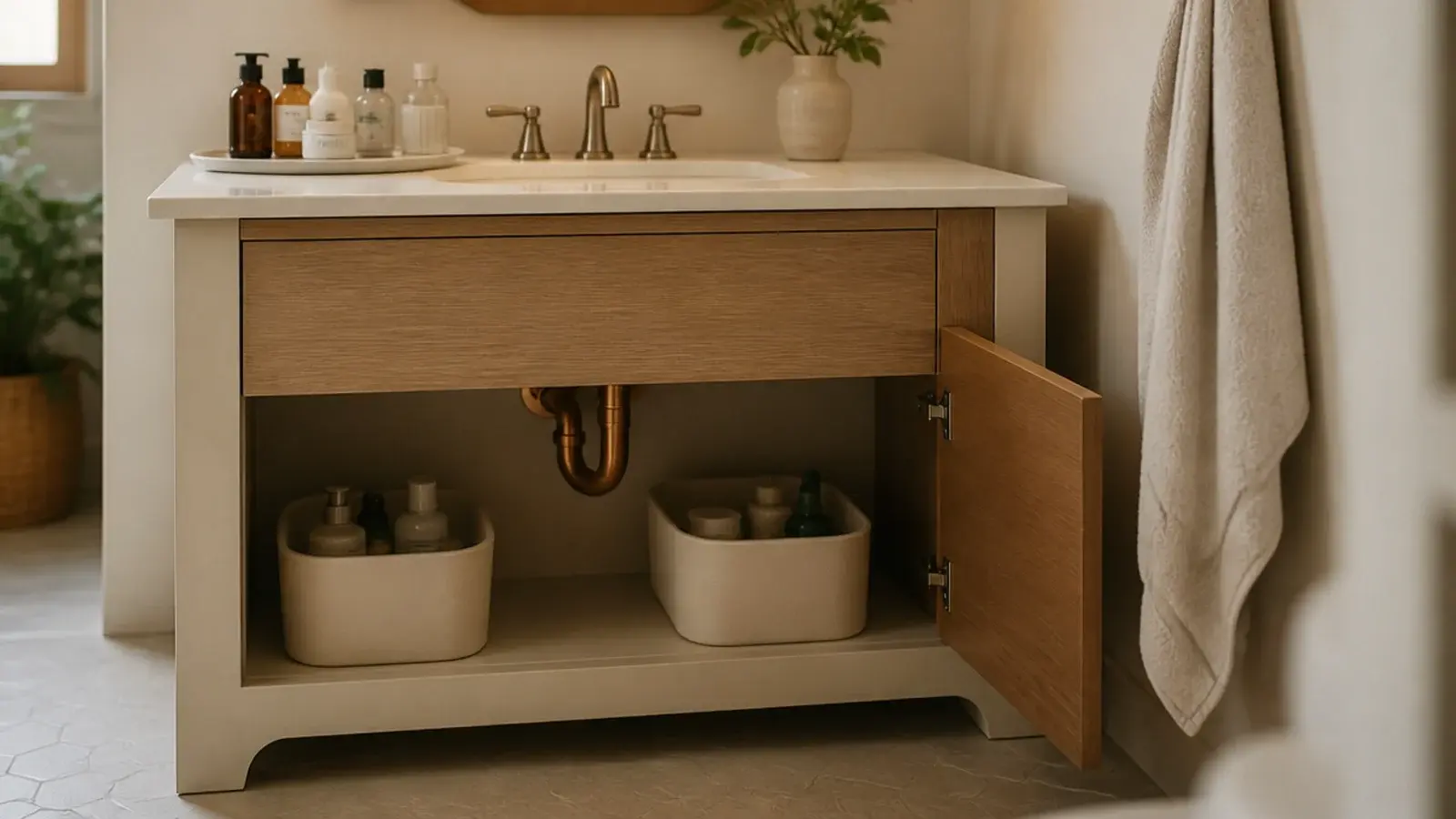 bathroom vanity organization with clear counter, tray and tidy under sink bins