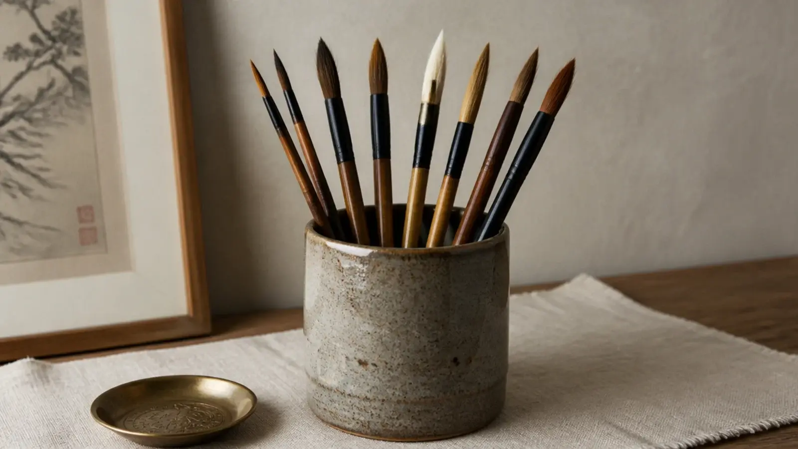 heavy stoneware cup holding brushes bristles up without leaning over