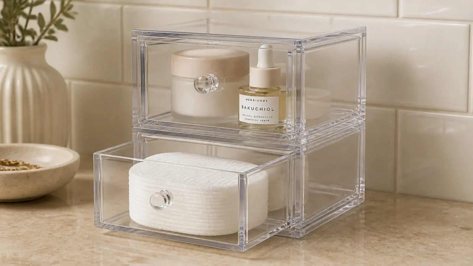 two clear acrylic drawer units stacked holding compacts and cotton rounds