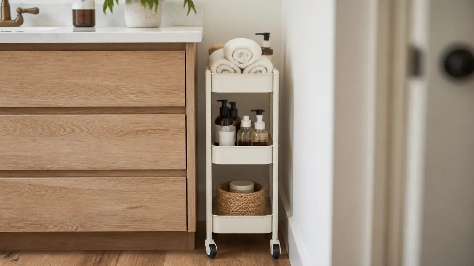 narrow three tier rolling cart tucked in the gap beside a vanity