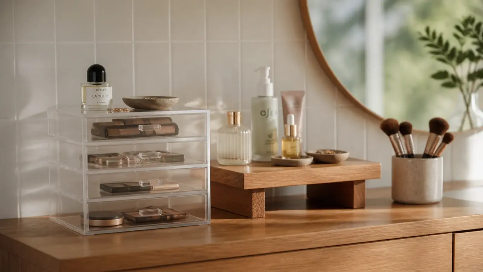 a range of the best vanity organizers in acrylic stoneware and oak together