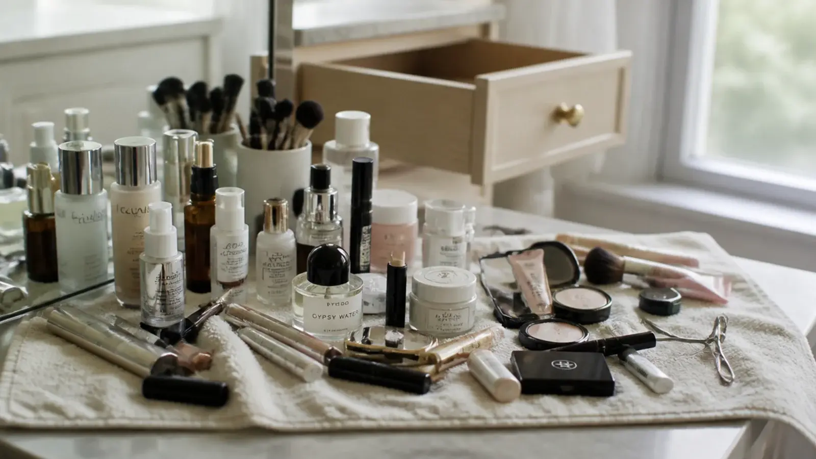 every vanity product emptied onto a cream towel before organizing