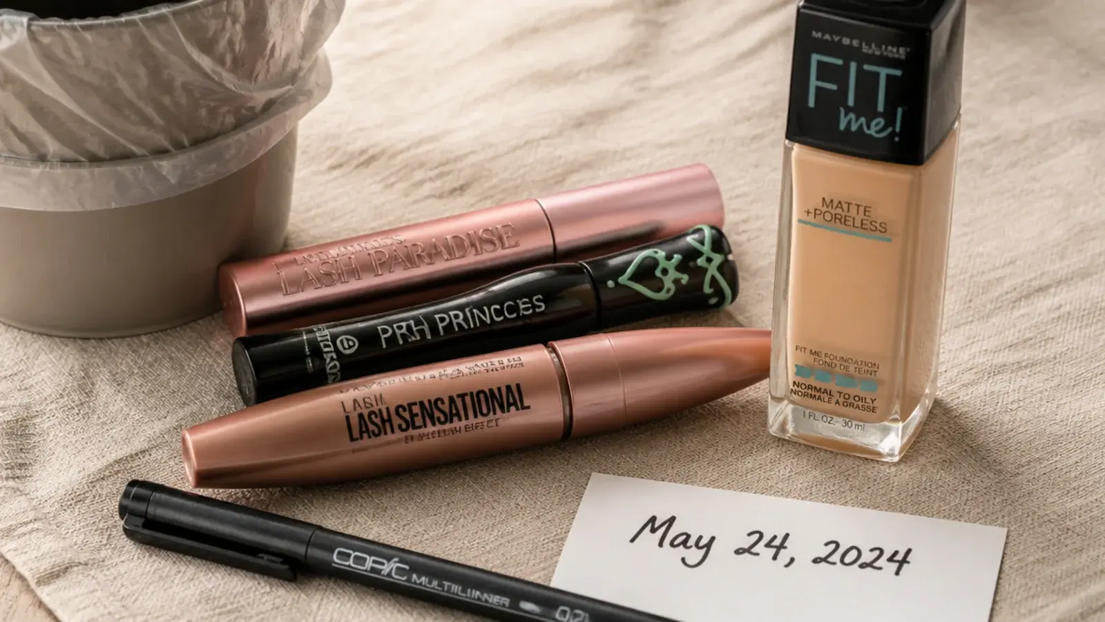 expired mascara and foundation set aside during a vanity cull