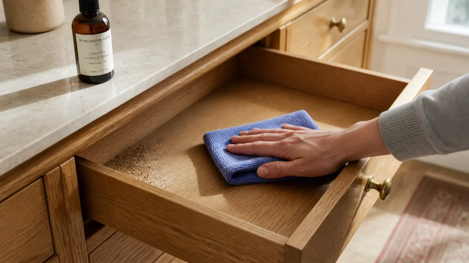 empty vanity drawer being wiped clean with a cloth before organizing